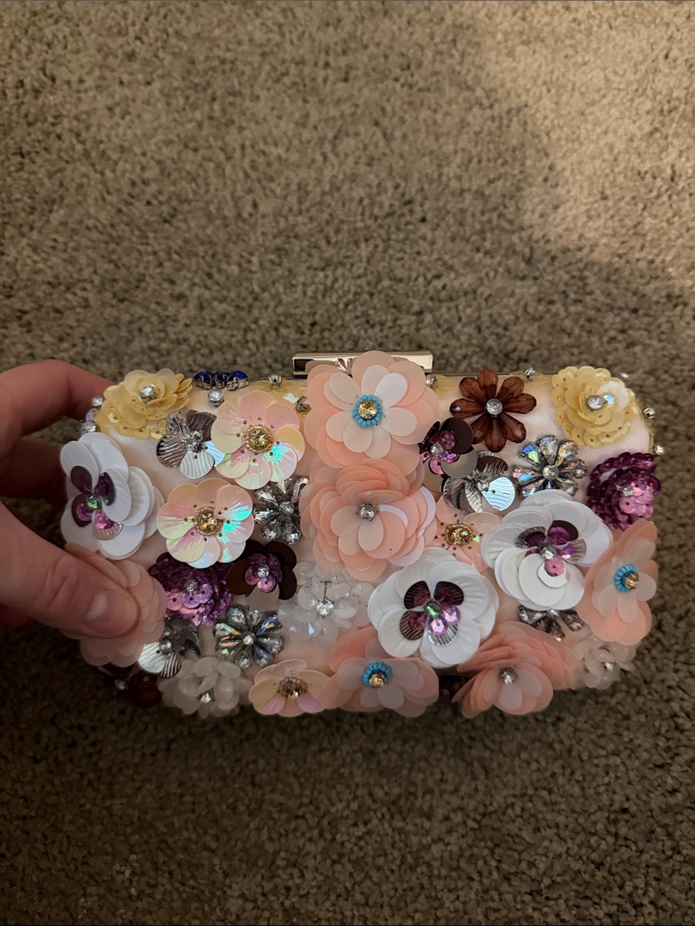 Aldo Peach, White & Multicolor Floral Sequin Clutch